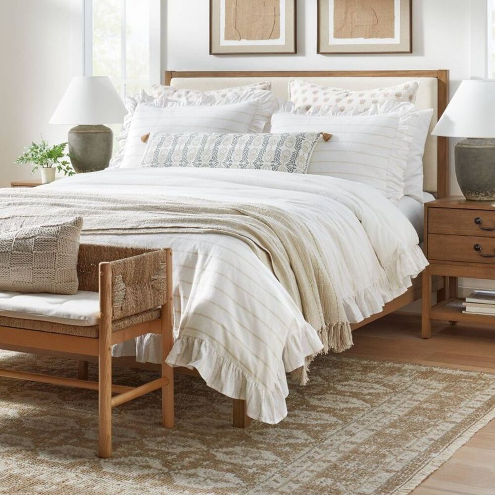 King Yarn Dye Ruffle Duvet Cover Set - White/Khaki - Studio McGee
